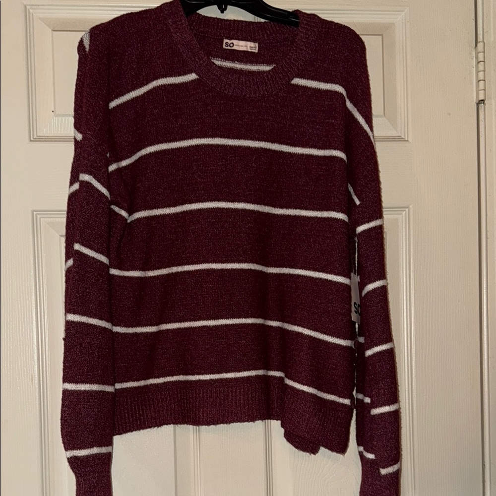 NWT - Juniors' SO® Side Lace-Up Burgundy Striped Sweater Size L